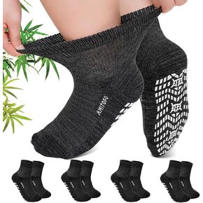CaiDieNu Non Slip Diabetic Ankle Socks: Bamboo Viscose Non Binding Hospital Socks with Grip for Women Men Elderly 4 Pairs