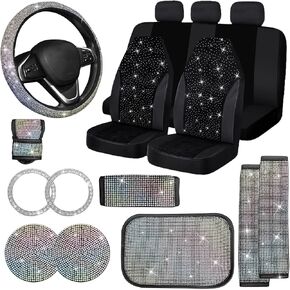 17 Pack Bling Car Seat Covers Set, Diamond Accessories Rhinestone Crystal Steering Wheel Cover, Velvet Breathable (Pink, Half Part Bling)