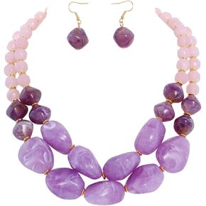 Firstmeet Chunky Acrylic Beads Necklace with Earrings Multi-layer Collar Jewelry for Women