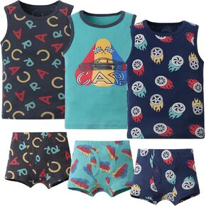 Boy's Tank Top and Underwear Set,Soft Cotton Cartoon Pattern,Undershirt & Boxers 6Pcs Set