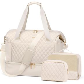 Travel Duffel Bag-Weekender Overnight Tote Bag for Women Duffle Bag with Wet Pocket & Shoes Compartment Carry on Tote Bags for Business Trips,Travel,Sports,Gym,Yoga,Hospital,3 Pcs Set, 43L,Beige