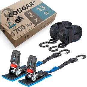 valonic Cougar, 2 Pack Ratchet Straps with Hooks, Padded, 20 ft, 1700 lbs Breaking Strength, Two-Piece tie Down Strap for Motorcycle, Truck Bed and Trailer, Black