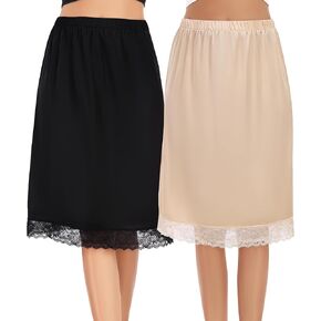Lovasy 2 Pieces Half Slips for Women Long Underskirt Satin Slip Dress with Floral Lace Trim Slips for Skirts Dresses S-3XL