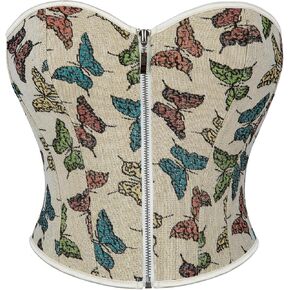 Zipper Butterfly Pattern Corset Top for Women Floral Bustier Lace Up Boned Overbust Lingerie Bodyshaper