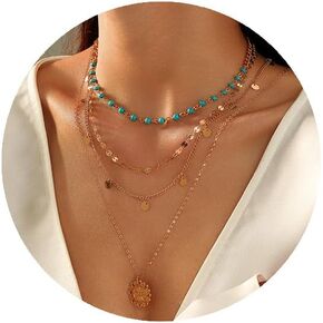 Gold Layered Choker Necklace for Women 14K Gold Plated Boho Turquoise Pendant Necklace Trendy Dainty Beach Western Necklace Jewelry Accessory