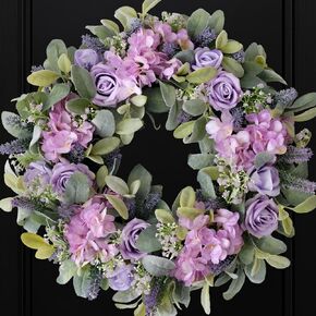 Artificial Spring Wreath for Front Door 22 Inch, Greenery Lamb's Leaves Summer Wreaths with Purple Hydrangeas Roses Lavender for Home Farmhouse Outdoor Indoor Party Wall Windows Decor