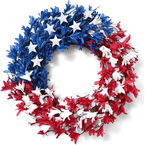 Waipfaru 20 Inch 4th of July Wreath Independence Day, Patriotic Wreaths for Front Door with Red White Blue Handcrafted Flowers Memorial Day, July 4th Decorations for Home Veterans Day