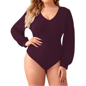 Milumia Women's Plus Size V Neck Long Sleeve Bodysuit Leotards Basic Shirts Jumpsuit