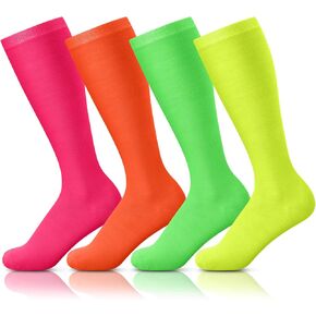 4 Pairs Neon Knee High Socks Solid Color Unisex Long Tube Athletic Knee High Calf Neon Socks for Men Women Party Outdoor Sports Soccer Training