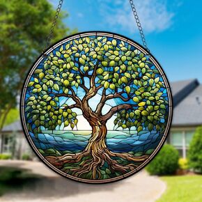HOTIYOK Tree of Life Acrylic Window Hangings Green Leaves Plant Stained Wall Decor, Ideal Housewarming Gift, Home Decor for Mom Grandma Wife Teacher