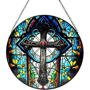 9.84'' Cross Stained Glass Window Hanging, Round Cross Glass Window Panel, Religious Style Wall Decor with Chain, Decor for Garden Church Office