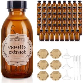 54 Pack 4 oz Boston Glass Bottle with Cap, Empty Glass Bottles for Homemade Vanilla Extract, Essential Oils, Juice, Potion, Syrup, Liquids, Christmas, Holiday Gift (Brown)