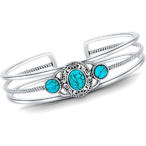 Genuine 3 Turquoise Stone Bracelet, Sterling Silver Boho Adjustable Bangle Cuff Native American Vintage Jewelry for Women, Fit for 6.5 7 7.5 Inches