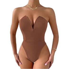 WDIRARA Women's Sleeveless Sweetheart Neck Bodysuit Sexy High Cut Strapless Leotard