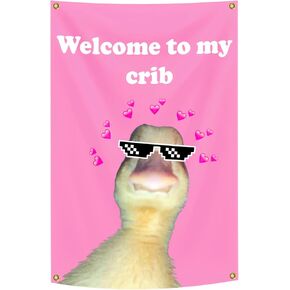 YOSASAH Welcom to My Crib Flag Tapestry 2X3 FT Funny Flags Welcome to My Crib Duck Flag Dorm Decor Wall Banner Poster with Brass Grommets For College Dorm Pink