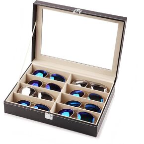 Sunglass Case Eyeglass Storage Box with Glass Top PU Leather Jewelry Organizer for Glasses, Reading Glasses & Accessories (8 Slot)