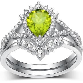 1 Carat Pear-Cut Natural Peridot Halo Engagement Rings Sets for Women,925 Sterling Silver Moissanite Infinity Wedding Bands Sets,Bridal Ring Sets for Anniversary Birthday