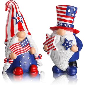 4th of July Patriotic Gnome Decorations, 2 Pcs Handmade Resin USA Decor Figurines Gift for Independence Day Memorial Day Veterans Day Armed Forces Day Tiered Tray Figurines