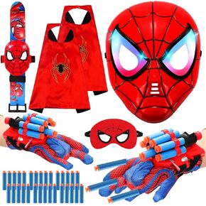 2 Sets Spider Web Shooters Set - Wrist Launcher for Cosplay Costume Shooting Game, Hero 2 Web Shooters, 1 Hero Masks, 2 Gloves, and 2 Cape for Birthday Halloween Christmas Play