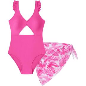 Happy Cherry Girls One Piece Swimsuit with Coverup Mesh Skirt Cut Outs Ruffle Cute Bathing Suits for Teens Padded Swimwear