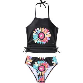 Girl's 2 Piece Swimsuits Floral Halter Tankini Padded Camisole Cute Bikini Bathing Suit Beachwear