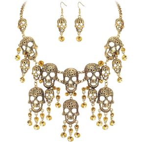 EVER FAITH Halloween Jewelry Accessories Costume Punk Gothic Skeleton Skull Bib Statement Collar Necklace Dangle Earrings Set for Prom Party