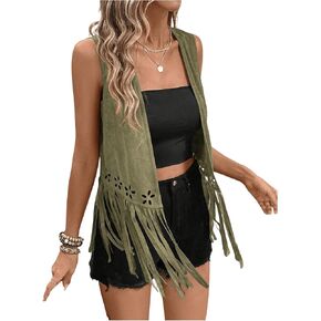SweatyRocks Women's Fringe Open Front Vest Hollow Out Sleeveless Western Vest Tassel Jackets
