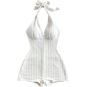 MakeMeChic Women's Halter Short Rompers Summer One Piece Jumpsuits Backless Shapewear