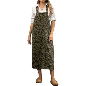 loveimgs Women Casual Leopard Long Denim Dress Bib Overall Pinafore Strap Cheetah Print Jean Jumper Dress Patchwork