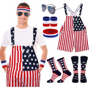 MEPASE 6 PCS SELPS American Flag Sets for Men Women 4th of July Shorts Denim BIB Independence Day Beadband Geads Notglasses American Flag Flag Socks for Independence Day Dress Up Party Party