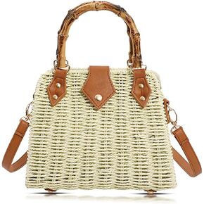 Straw Bag, Crossbody Bags for Women, Bohemian Handmade Woven Bag, Bamboo Handle Handbag Hard Box Handbags, Parties, Vacations Beach Bag(Beige)