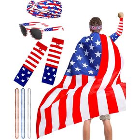 American Flag Cape Costume, 4th of July Outfits Patriotic Flag Cloak Set for Adult 4th of July Celebration Halloween Party Accessories