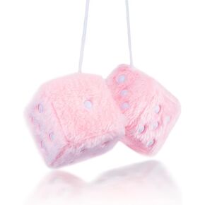 Pair 2.4"of Pink Retro Mirror Fuzzy Plush Dice Car Pendants,Interior Rearview Mirror Dice Decoration Car Accessories Interior Aesthetic (Light Pink)