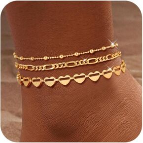 Gold Ankle Bracelets for Women,14K Gold Anklets for Women Waterproof Cuban Link Heart Paperclip Beaded Figaro Cuban Link Chain Beach Stackable Anklet Layered Anklet Bracelets for Women Gold Jewelry