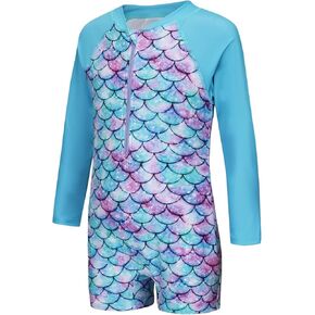 Girls One Piece Swimsuits for Girls Long Sleeve Bathing Suit Sun Protection Rash Guard with Front Zipper 3-16 Years