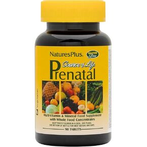 Natures Plus Source of Life Prenatal - 800 mcg Folate, 90 Vegetarian Tablets - All Natural Prenatal Vitamin & Minerals with Iron & Calcium - Optimal Health & Energy - Gluten-Free - 45 Servings