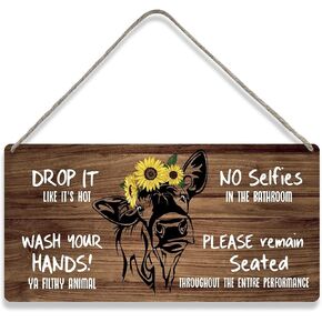 Country Style Bathroom Sayings Cow Sunflower Wall Decor Wooden Sign Funny Rustic Hanging Wall Plaque Sign Home Toilet Decor Present 10 x 5 Inches
