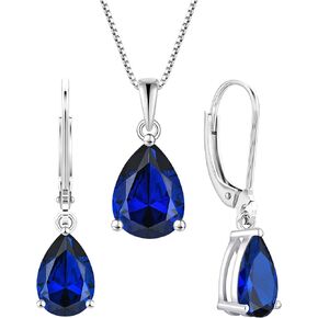 YL 925 Sterling Silver Teardrop Dangle Drop Earrings for Women Solitaire Created Sapphire Pendant Necklace Jewelry Set
