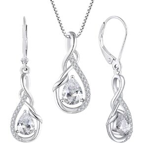 STARCHENIE 925 Sterling Silver Necklace Dangle Earrings for Women Infinity Twisted Teardrop Pendant April Birthstone Cubic Zirconia Jewelry Set