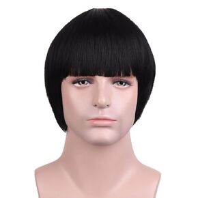 MAGQOO Short Mushroom Wig Men 60s 80s Bowl Cut Wigs Old Man Movie Party Halloween Vector Costume Anime Wig(Black)