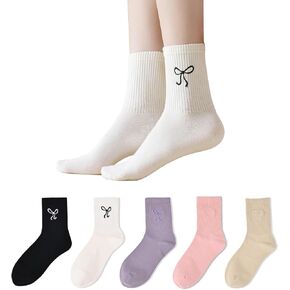 5 Pairs Cute Embroidered Bow Socks Cotton Crew Socks for Women Soft Breathable Casual Socks