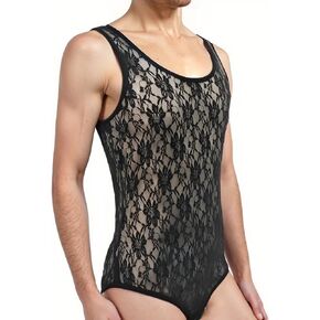 ABAFIP Men's Sheer Lace Lingerie Floral Bodysuit Sissy Leotard Undershirt Crossdress One Piece Nightwear