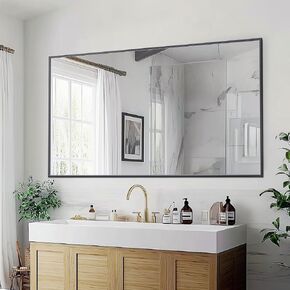 Antok Bathroom Mirror, 36"x36" Wall Mirror, Decorative Mirrors Vanity Mirror Aluminum Alloy Frame Contemporary Rectangular Hanging Mirror for Living Room Bathroom Entryway,Black,Round Corner
