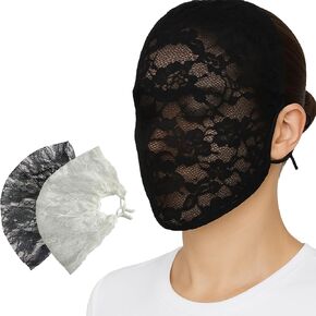 2PCS Lace Face Cover Bandana Mask Face Protective Full Face Mesh Mask Sun Protector Headwear Private Masquerade Ball Party (White&Black)