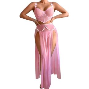 Kaei&Shi High Slit Sexy Lingerie For Women,Sheer Mesh Corset & Pearl Skirt Set,3 Piece Boudoir Outfits Exotic Dancewear