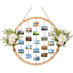 Wood Picture Frames for Wall Decor, 23.62" Round Hanging Photo Broad with Artificial Flowers and 15 Clips, Adjustable Twines Collage Artworks Prints Multi Polaroid Pictures Organizer Graduation Decorations Class of 2025
