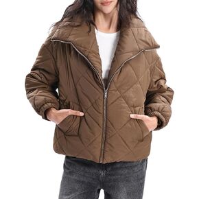 Xintianji Women Quilted Outerwear Turn-Down Collar Coats - Long Sleeve Zip Winter Jacket with Pockets
