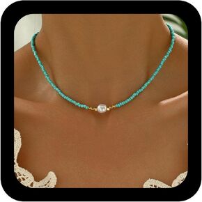 Andelaisi Boho Seed Bead Necklace Vintage Rice Bead Chain Necklace Tiny Ball Chain Choker Single Pearl Collar Hawaiian Beach Collarbone for Women (White)
