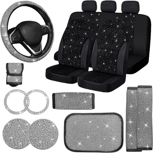 17 Pack Bling Car Seat Covers Set, Diamond Accessories Rhinestone Crystal Steering Wheel Cover, Velvet Breathable (Pink, Half Part Bling) in Kuwait