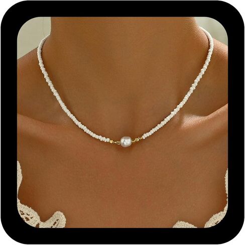 قلادة حبة Boho Boho Boho Boho قلادة خمر سلسلة حبة الأرز قلادة صغيرة من سلسلة لؤلؤة لؤلؤة هاواي الترقوة للشاطئ للنساء (أبيض) in Kuwait